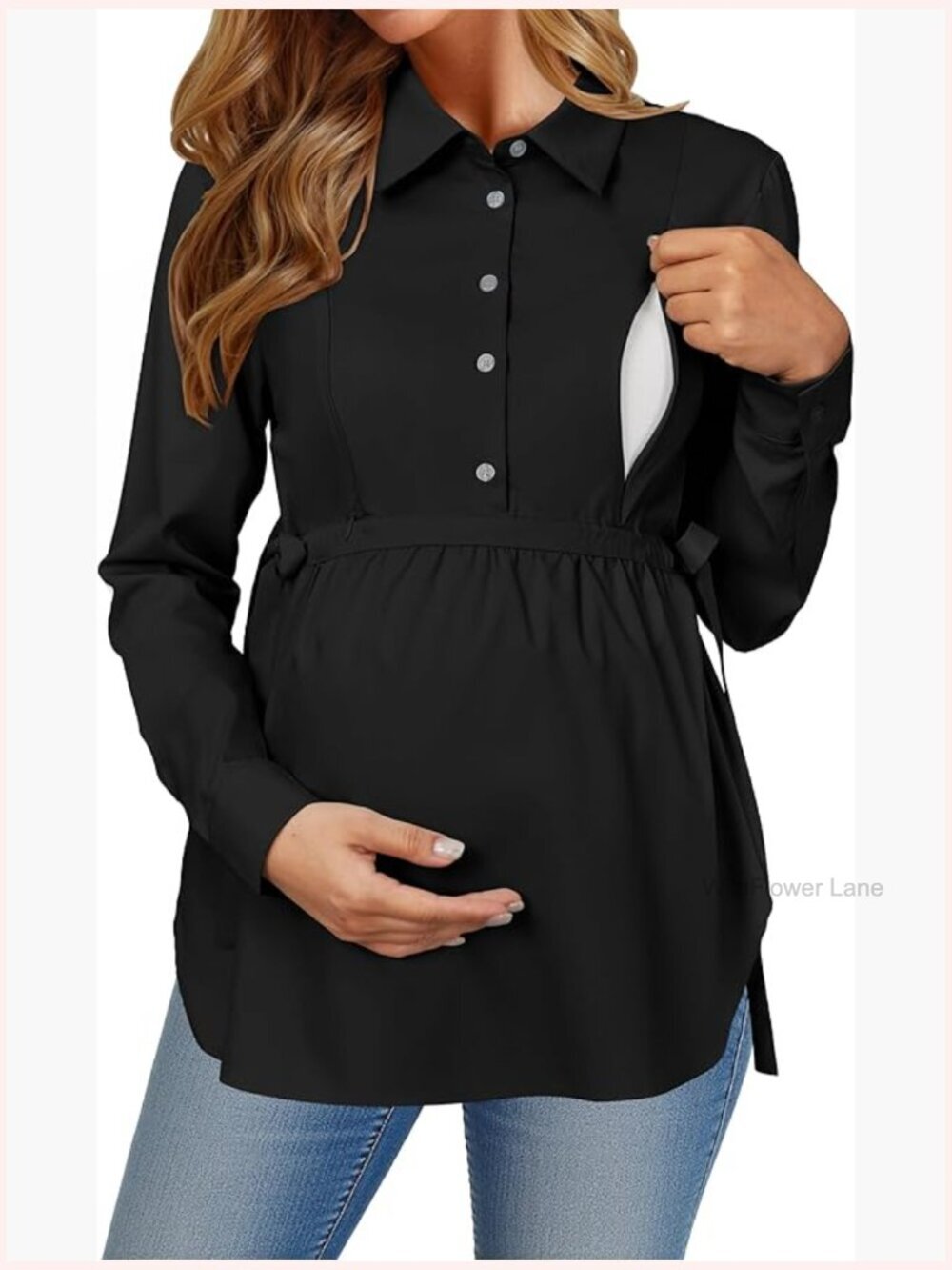 Maternity Nursing Blouse with Hidden Zippers Long Sleeve Button Down Work